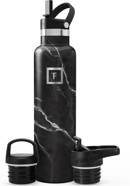 IRON °FLASK 24 oz Narrow Mouth Water Bottle with 3 Lids | Insulated Stainless Steel Sports Water Bottle with 3 Leakproof Lids - BPA Free, Cold 24 Hrs, Sweat Free (Black Marquina)