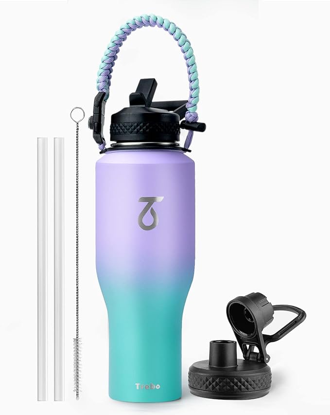 Trebo 40 oz Water Bottle Insulated Fit in Any Car Cup Holder with 2 Lids | Stainless Steel T-shape Tumbler with Paracord Handle, Triple Wall Vacuum Copper Plated, Cold 48 Hrs for Travel, Wide Mouth