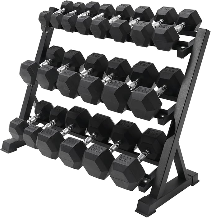 RitFit Rubber Hex Dumbbell Set with Storage Weight Rack | Rubber Heavy-Duty Coated Cast Iron, Knurled Chrome Handle, Space-Saving Storage for Home Gym Strength Training