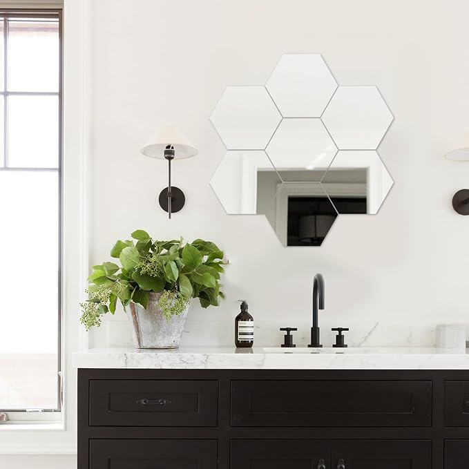 Hexagon Self Adhesive Peel and Stick Stick on Acrylic Mirror for Wall | Small Mirrors Tiles 11.8x11.8 Inch 10PCS, Flexible Unbreakable Full Length Mirror for Bathroom Gym Home Door Decor