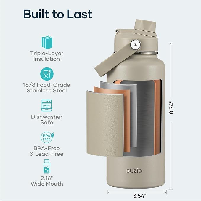 BUZIO Insulated Stainless Steel Water Bottle 32 oz with Straw & Spout Lids | Triple Wall Insulated Tumbler (Dishwasher Safe) ,Cold for 48 Hrs/Hot for 24 Hrs, Leakproof, BPA-free, for Sports, Gym, School