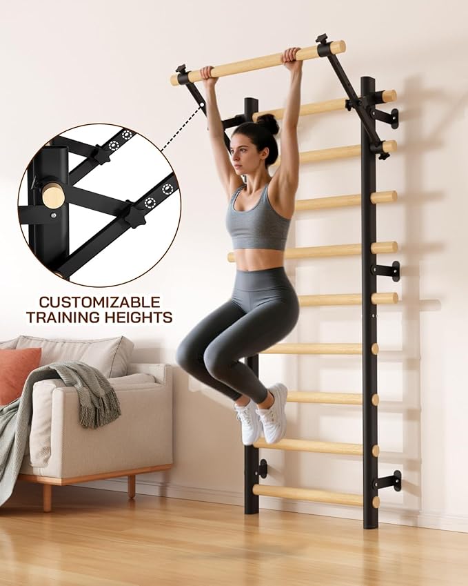Swedish Ladder Wall Gym, Wooden Wall-Mounted Stall Bars with Pull-up Bar & Exercise Straps & Dip Bars, Stretching Ladder Full Body Home Gym Adults New