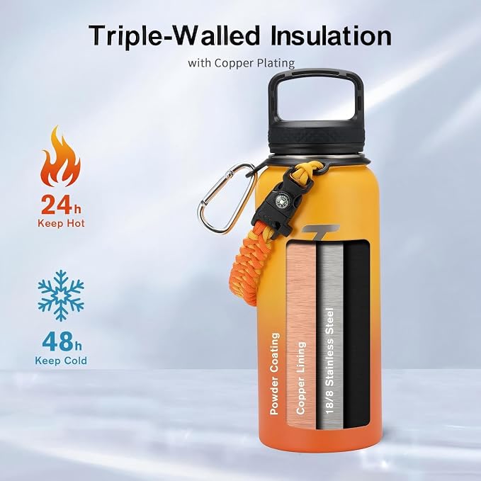 Trebo Insulated Water Bottle 32 oz with 3 Lids, Paracord Handle & Sleeve | Stainless Steel Metal Flask Vacuum, Triple Wall Copper Plated, Dishwasher Safe, Cold 48Hrs for Trail, Hiking, Wide Mouth