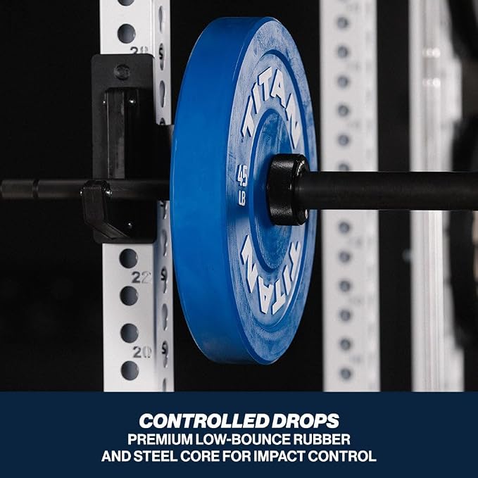 Titan Fitness Economy Olympic Bumper Plates, Color-Coded by IWF Standards, Low Bounce Rubber with Steel Insert, Weightlifting and Strength Training, Barbell Weight Set