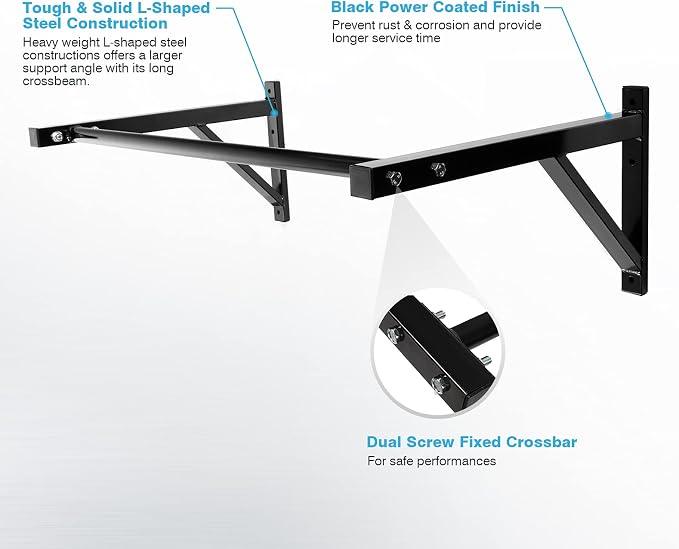 IRONWALLS Wall Mounted Pull Up Bar Heavy Duty, 500LBS Capacity | Wall Mount Chin Up Bar for Strength Training, Home Gym, Steel Upper Body Workout Equipment for Indoor Outdoor