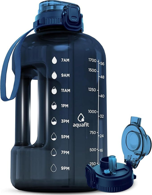 AQUAFIT 64 oz Water Bottle with Time Marker, 2in1 Lid | BPA Free Half Gallon Water Bottle with 2in1 Straw and Chug Lid - Leakproof Gym Water Bottle with Carry Handle (Nebula)