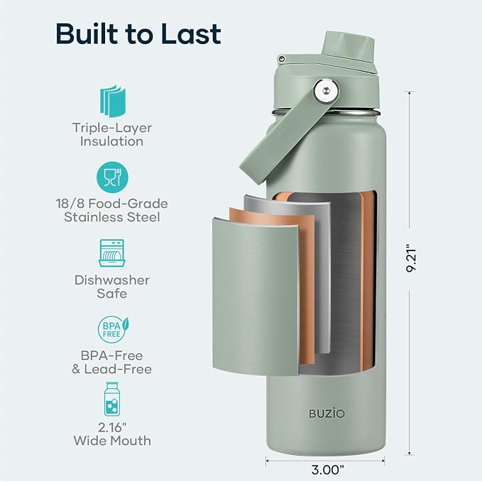 BUZIO 24 oz Insulated Stainless Steel Water Bottle with Straw & Spout Lids | Triple Wall Insulated Tumbler (Dishwasher Safe) ,Cold for 48 Hrs, Wide Mouth, Leakproof, BPA-free, for Sports, Gym, School