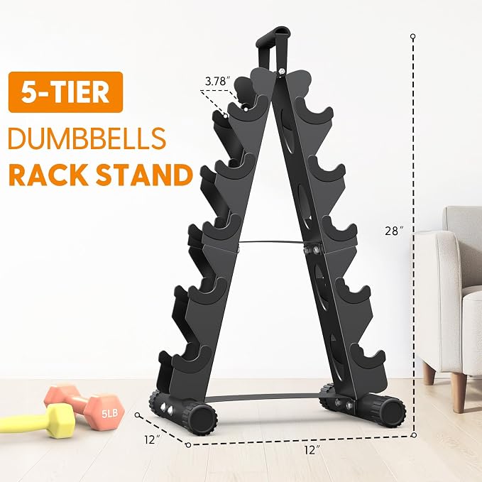 AmazeFan 5 Tier | 3-Tier Dumbbell Rack Stand Only, A-Frame Design Weight Rack with Handle, Weights Metal Strength Training Dumbbells Storage Rack for Home Gym Space Saver (Dumbells not Included)