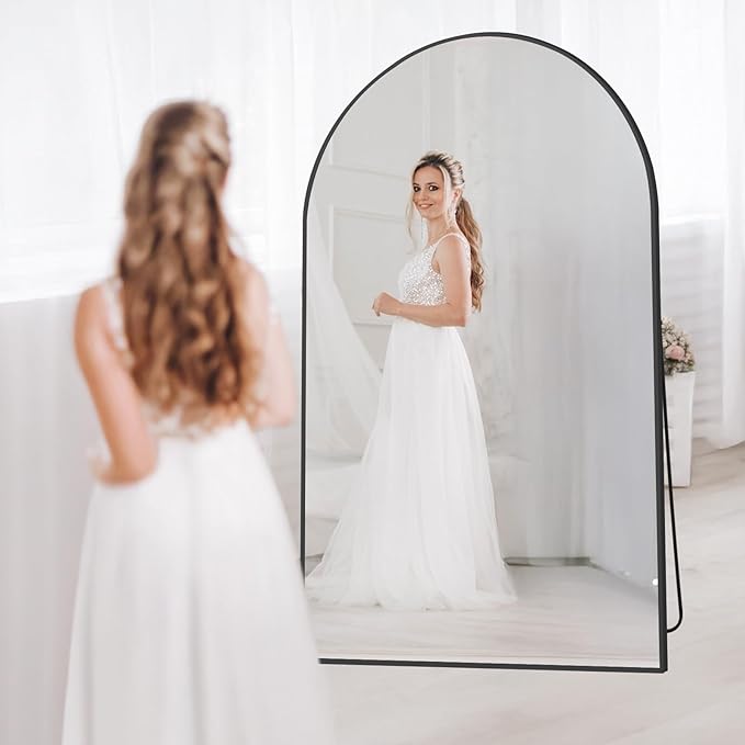 MirrMuse Oversized Arched Full Length Mirror with Stand, 76"X44", Black | Tempered Glass, Free Standing, for Bedroom Living Room Clothing Store Gym, Aluminum Alloy Frame, Hanging or Leaning