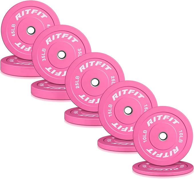 RITFIT Pink Olympic Bumper Plates with Steel Insert for Home Gym | High-Density Rubber with Low Bounce, 2-Inch Olympic Bore with Steel Insert, Pink Color for Strength Training