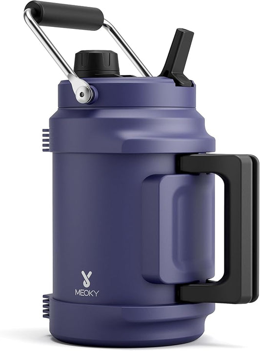 64 oz Insulated Water Bottle for Gym: Meoky Triple Wall Vacuum Stainless Steel Half Gallon Water Jug - Top and Side Handles, 2-in-1 Straw and Spout Lid, Cold for 36 Hrs, Leak Proof for Camping (Navy)