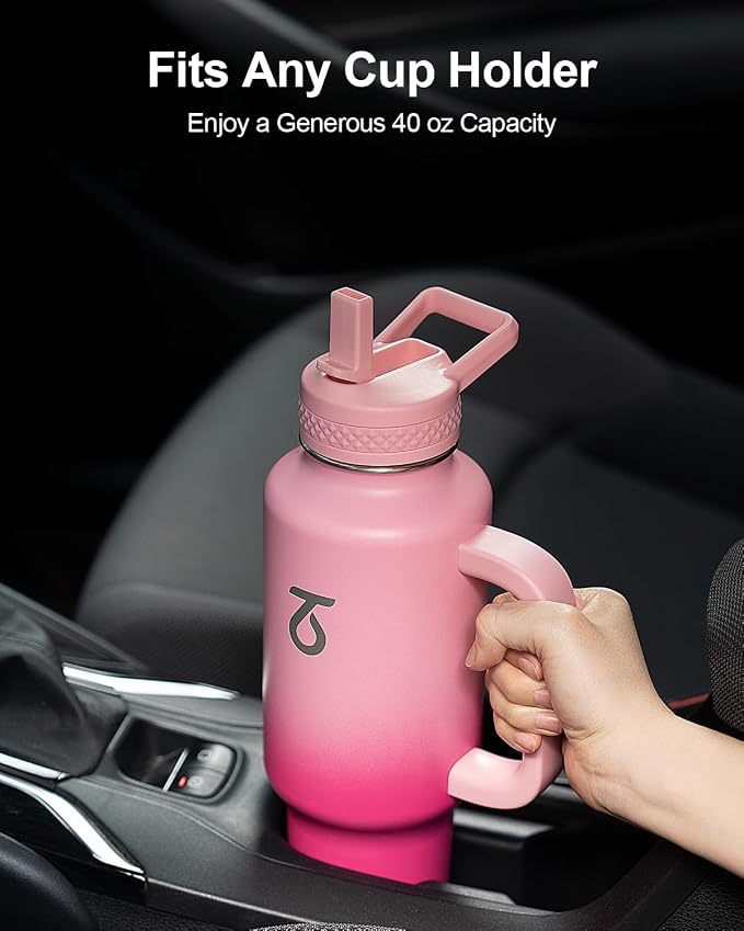 Trebo Insulated Water Bottle 40 oz Fits in Car Cup Holder with Side Handle | Stainless Steel Metal Tumbler with Straw Spout Lids, Triple-Wall Vacuum Copper Plated, Cold 48 Hrs Hot 24 Hrs for Travel, Gym