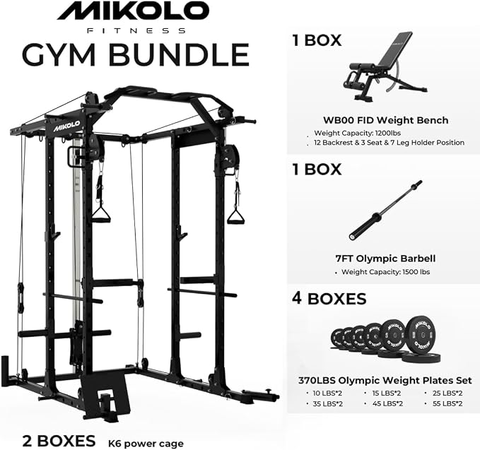 Mikolo Power Cage, Power Rack with Cable Crossover System, 1500LBS Squat Rack with LAT Pull Down System, Workout Cage with Pulley System for Fitness Home Gym
