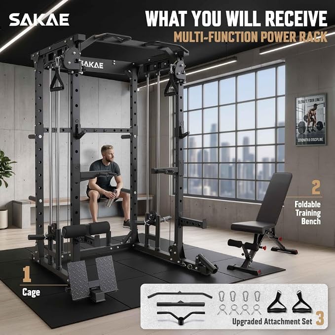 SAKAE Squat Rack with Cable Crossover System, Power Rack with LAT Pull Down, Pull-Up Bar, Dip Bars, Weight Bench, 260 LB Bumper Plates, 7 FT Olympic Bar & Training Attachments, Multiple Options