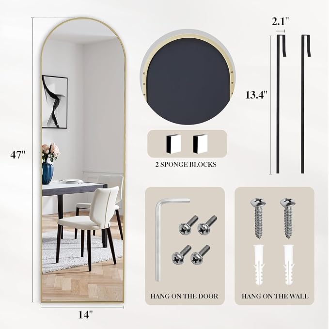 Gold Arched Over The Door Mirror, 47x14 Inches Full Length Hanging Mirror | No Drill Door Hanging Setup for Closet, Space Saving Door Mount Design for Closet, Bedroom Decor, Living Room Décor