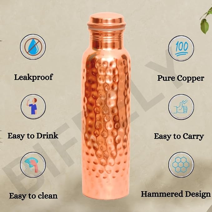 Copper Water Bottle - 34oz - Handcrafted Ayurvedic 100% Pure Copper Water Bottle for Drinking |Men & Women| Leak-Proof Lid BPA Free Non-Insulated & Eco Friendly with Premium Quality for Sport & Travel