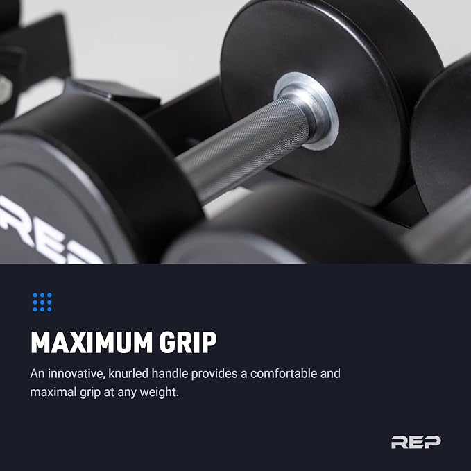 REP Fitness Urethane Coated Round Dumbbells, 5 to 100 lbs, Singles or Pairs, With or Without Rack, Steel Core, Rubber Encased, Chrome Handles, Professional Weights for Home Gym Strength Training