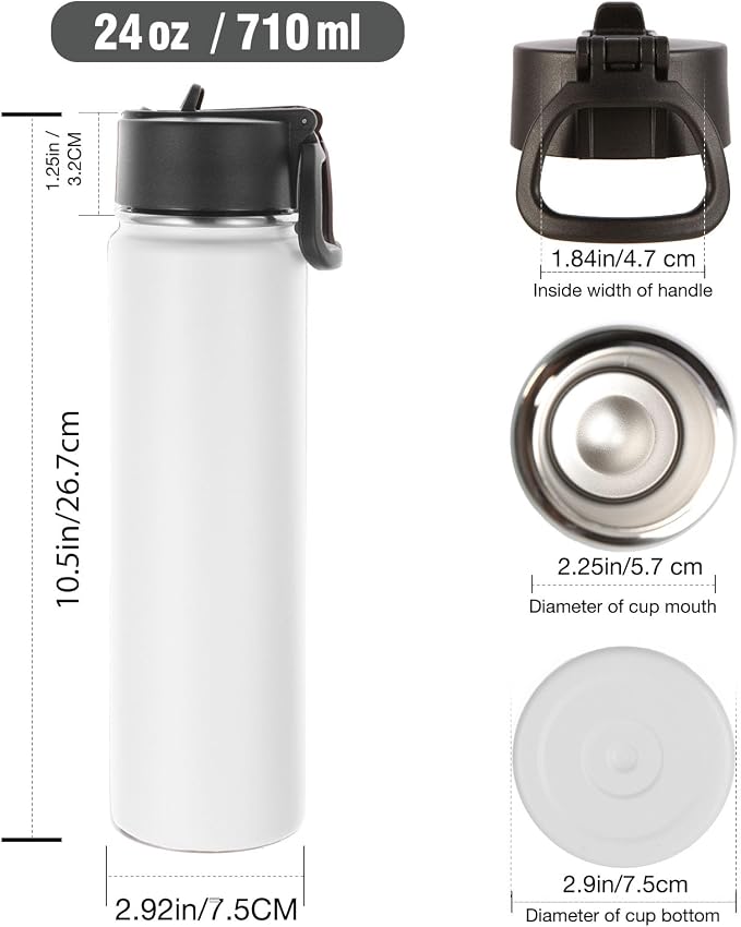 Volhoply 24oz Insulated Water Bottle With Straw Bulk 3 Pack,Metal Wide Mouth Water Bottles With Handle Lid Keep Cold,Reusable Double Wall Cups,Powder Coated Sport Bottle For Holder(White,3 Count)
