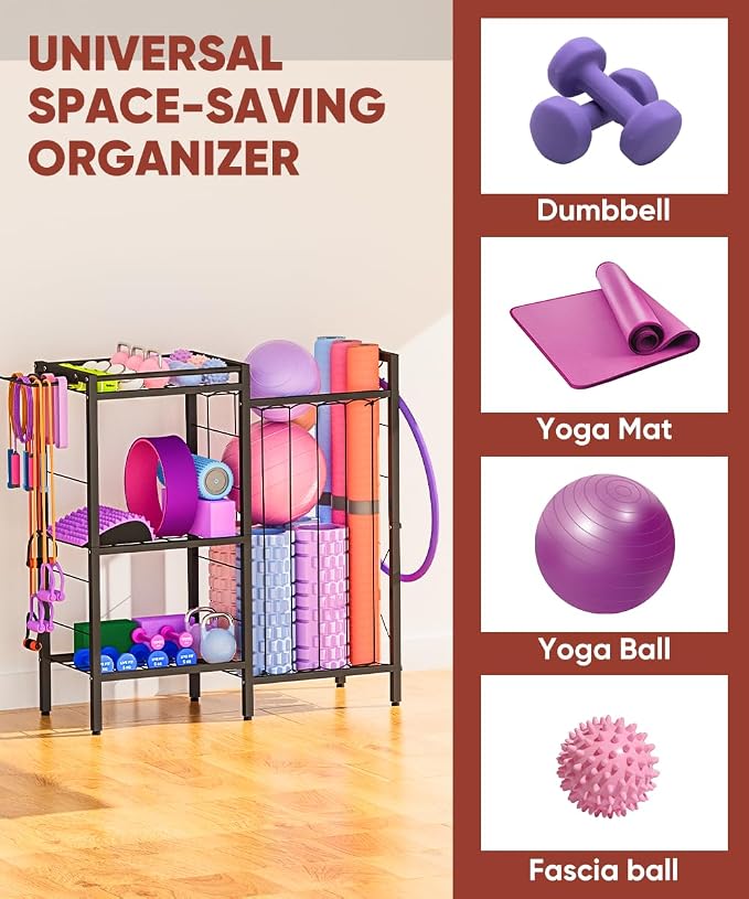 3 Tiers Dumbbells Yoga Mat Storage Rack with Elastic Straps for Kettlebells Foam Roller Resistance Bands Balls, Workout Equipment Organizer Weight Storage Holder with Hooks for Home Gym