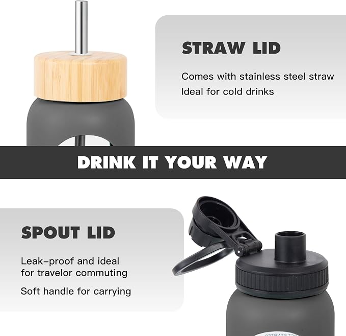 32oz Glass Water Bottle with Time Marker, 2 Lids-Handle Spout Lid & Bamboo Straw Lid, 1 Liter Motivational Borosilicate Water Bottle for Gym, Office, Travel (Black)