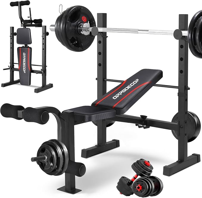 OPPSDECOR Standard Weight Bench Set with Squat Rack, 900LBS Adjustable Bench Press Set with Leg Extension and Leg Curl, Foldable Flat Incline Decline Workout Bench for Home Gym Full Body Training