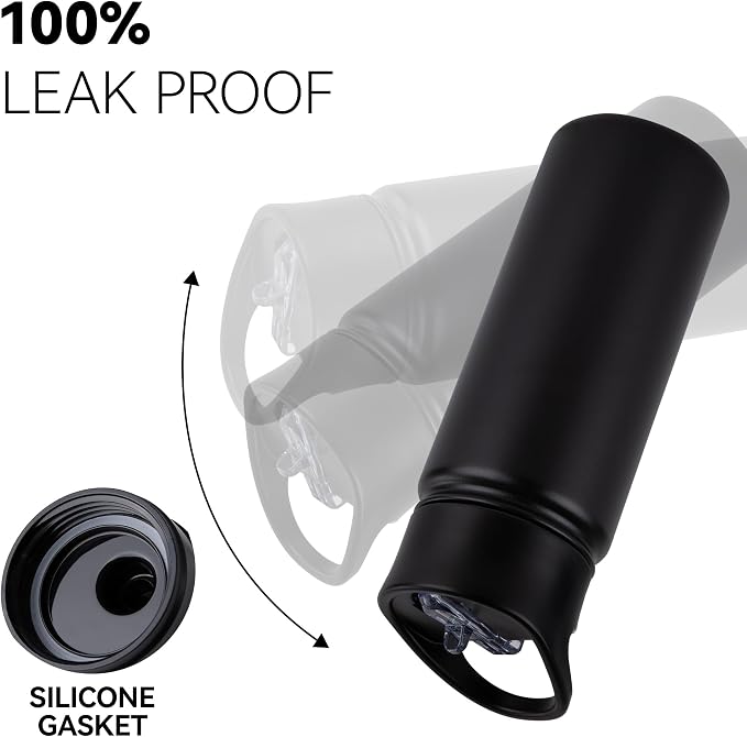 16 oz Insulated Water Bottle for School, Straw & Spout Lid, Keep Cold 24H, Spill Proof, BPA-Free, Double Wall Stainless Steel Kids Water Bottles for Sports, Gym, Travel, Black