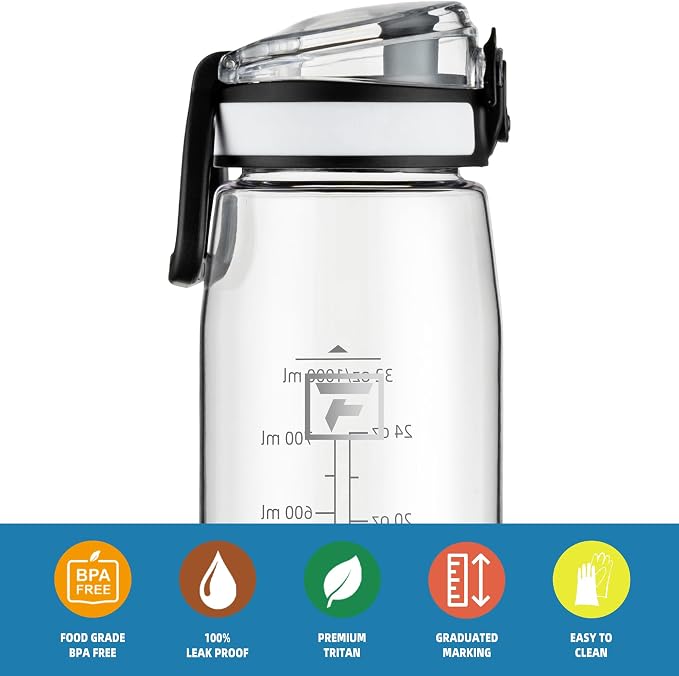 Fanhaw 32 oz Clear Plastic Water Bottle, BPA Free Leakproof Tritan Sports Water Bottle with Chug Lid, Wide Mouth Reusable Bottle for Gym, Travel, School & Office (Clear & White)
