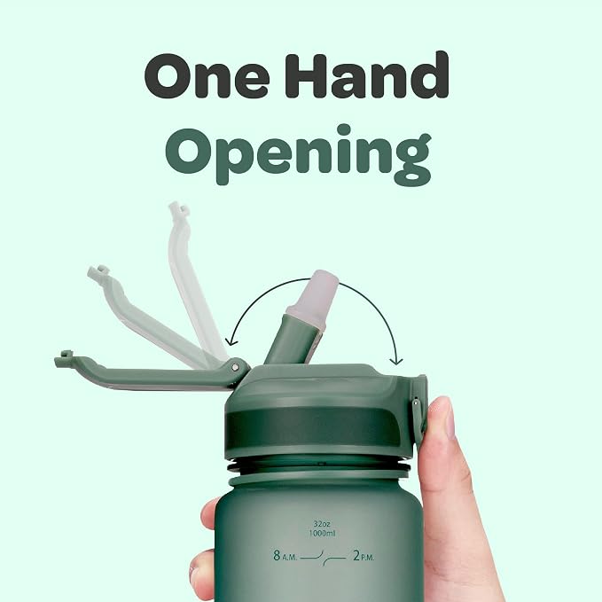 Hydracy Motivational Water Bottle with Time Marker and Straw Lid 32 oz | Leakproof,BPA Free,No Sweat Neoprene Sleeve,Carry Strap,Daily Intake Tracking for Fitness & Outdoors