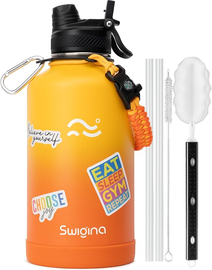 Swigina [2-IN-1 LID] 64 oz Insulated Water Bottle with Silicone Boot (48hrs Cold/24hrs Hot) - DIY Stickers, Leakproof, BPA Free, Half Gallon