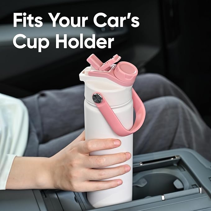 KEWIXY 24 oz Insulated Water Bottle, 2-in-1 Lid, Straw & Spout with Protected, Leak Proof, Keep Cold, Stainless Steel, Metal, Reusable, Handle, for Travel, Gym and School, 2 Lids, Blush Pink