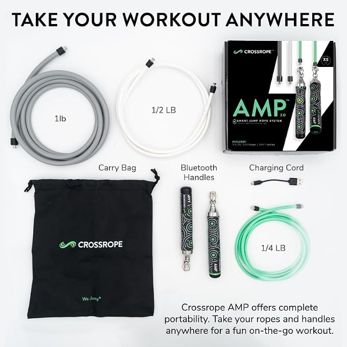 Crossrope AMP Smart Jump Rope Set with Interchangeable Weighted Ropes | Bluetooth-connected handles with 1/4, 1/2 & 1 lb ropes for app-guided cardio, HIIT, and strength workouts. Membership Req.