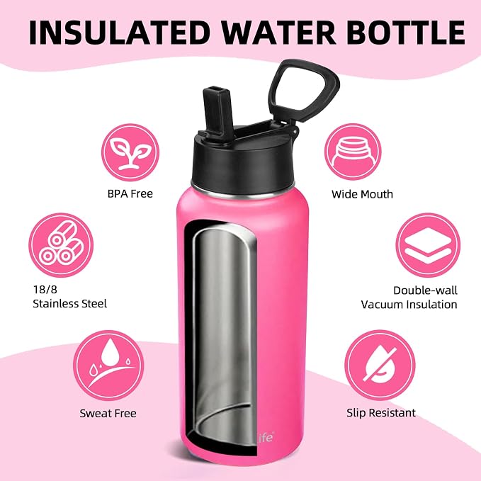 Insulated Water Bottle With Straw,32 oz Vacuum Insulated Stainless Steel Sports Water Flask,Keeps Cold and Hot,Metal Water Bottle Wide Mouth for Gym Travel Camping (Peach pink)