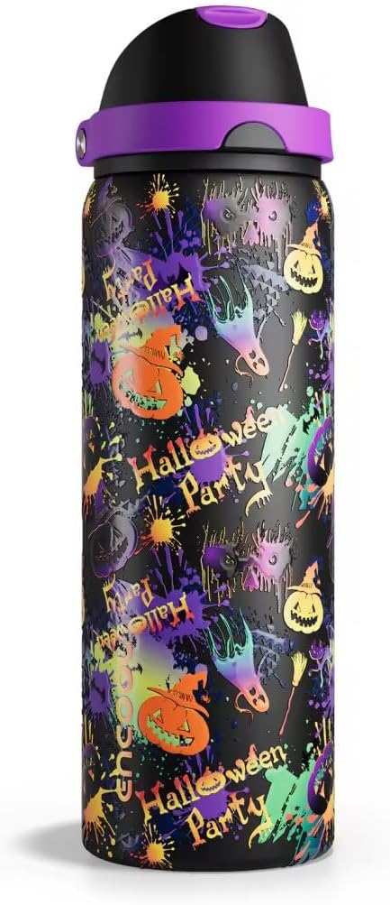 Insulated Water Bottle with Straw - Encool Stainless Steel Water Bottle with Push Button Lid, Leak-Proof & BPA-Free, Keeps Cold for 24 Hours for Sports, Travel, Gym (32 oz, Ghost Party)