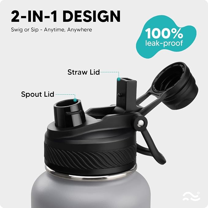 Swigina [2-IN-1 LID] Insulated Water Bottle with Silicone Boot (36hrs Cold/18hrs Hot) - DIY Stickers, Leakproof, BPA Free, 32 oz