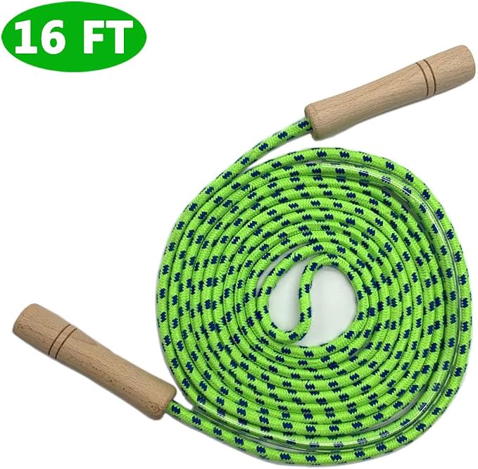 16 FT Double Dutch Jump Rope for Kids - Wooden Handle - Adjustable Cotton Braided Fitness Skipping Rope for Fitness, Outdoor Fun, School Sports, and Party Games
