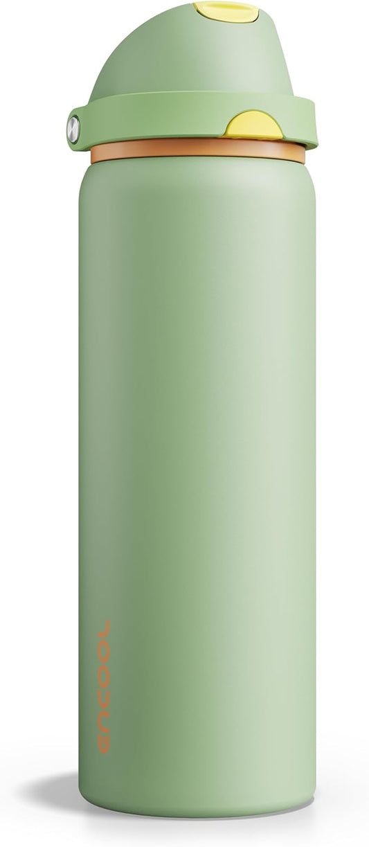 Insulated Water Bottle with Straw - Encool Stainless Steel Water Bottle with Push Button Lid, Leak-Proof & BPA-Free, Keeps Cold for 24 Hours for Sports, Travel, Gym (32 oz, Lichen-Yellow)