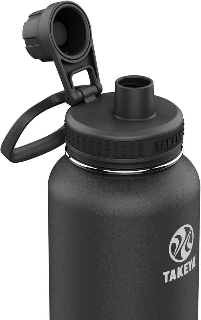 Takeya Actives Stainless Steel Water Bottle, Insulated Spout Lid, Keeps Drinks Cold 24 Hrs, Leakproof, Durable, Dishwasher Safe, Ideal for Gym, Travel, Fits Most Cup Holders, 40 oz/Onyx