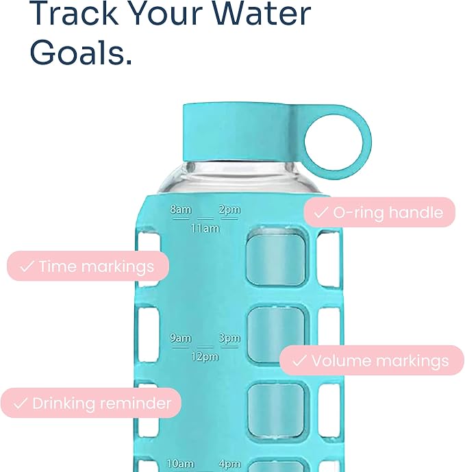 purifyou 40oz / 32oz / 22oz / 12oz Borosilicate Glass Water Bottle with Time & Volume Markers, Silicone Sleeve, Stainless Steel Lid | Reusable Glass Bottle for Water & Juice (22oz Aqua Blue)