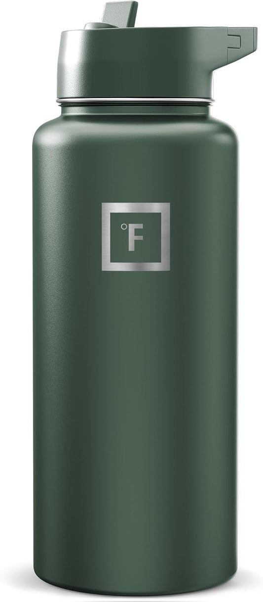 IRON °FLASK 32 oz Wide Mouth Water Bottle with Straw | Insulated Stainless Steel Sports Water Bottle with Leakproof Straw Lid - BPA Free, Cold 24 Hrs, Sweat Free (Dark Pine)