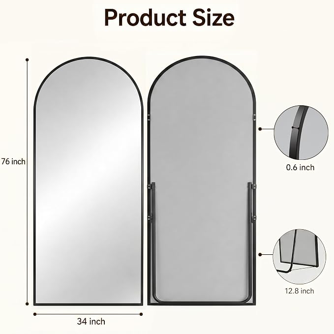 Antok Full Length Mirror, 76"x34" Floor Mirror with Stand, Hanging Mounted Mirrors for Bedroom, Living Room, Cloakroom, Dining Room, Black, Arched