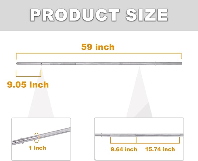 Available in 5FT and 7FT, Straight Barbell Bar, 1-Inch Standard Diameter, Alloy Steel, Black Finish, 300LBS Weight Capacity, Chrome Surface, Diamond Knurling, Anti-Skid Grip,