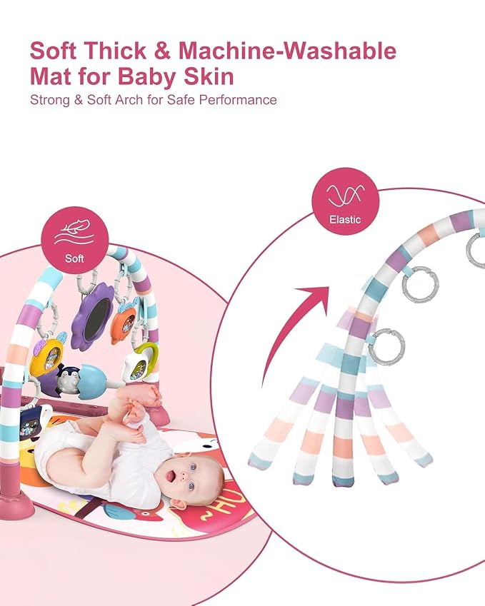 dearlomum Pink Lion Theme Baby Play Mat Gym with Kick & Play Piano | Tummy Time Activity Mat with 5 Infant Sensory Toys, Music and Lights, Boy & Girl Gifts for Newborns 0 to 3 6 9 12 Months