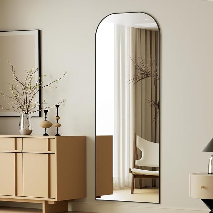 Koonmi Full Length Mirror, 56"x21" Mirror Full Length with Stand | Domed Top Square-Edged ShatterProof Floor Mirror with Black Aluminum Alloy Frame for Bedroom Living Room Home Gym