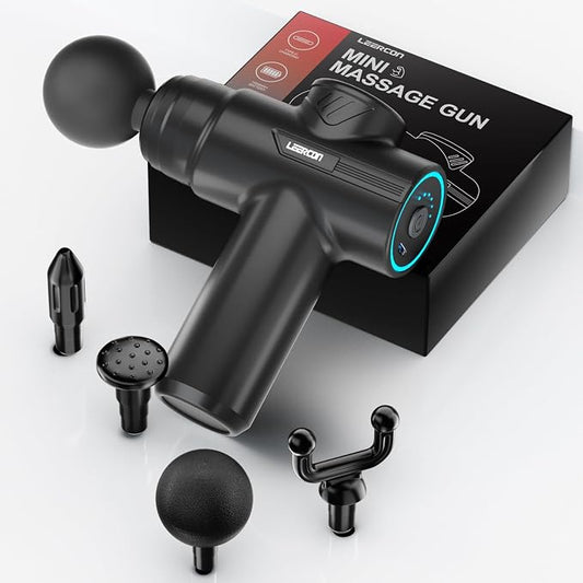 LEERCON Mini Massage Gun Deep Tissue Muscle Back Massager Gifts for Men | Back Massager with 6 Speeds and 4 Heads Muscle Massager for Gym Office & Travel Birthday Gifts for Men Women Dad Mom Athletes