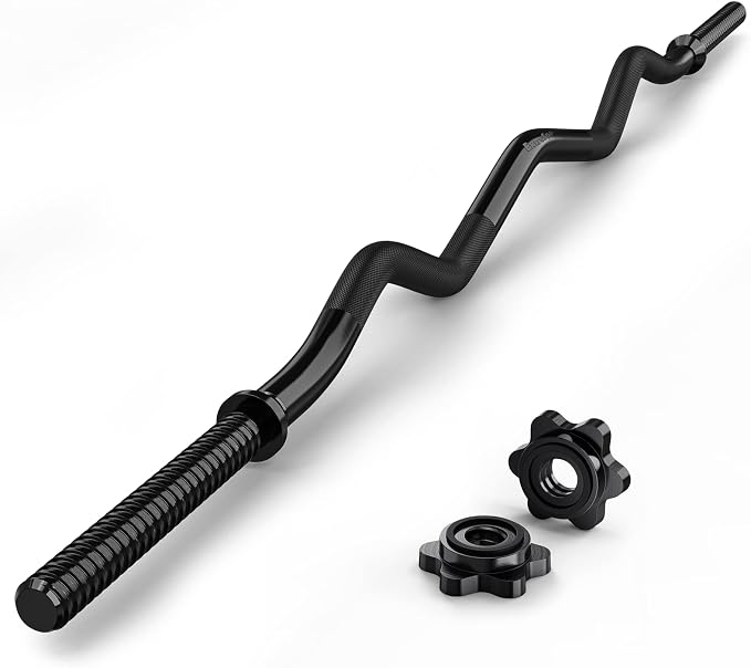ExtreSpo 47" EZ Curl Bar Weight Lifting Bar, for Hip Thrusts/Squats/Lunges, 1" Weight Plates Curling Bar for Gym and Home, with Star Collars