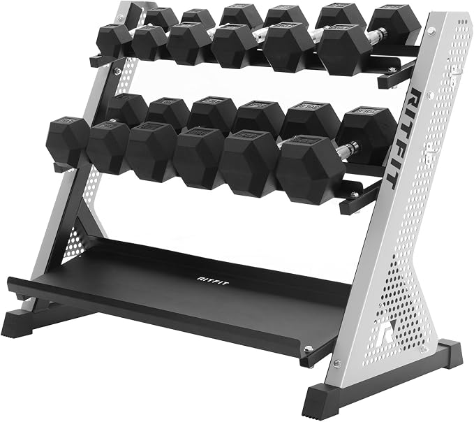 RitFit Rubber Hex Dumbbell Weight Set with 3-Tier Dumbbell Rack | Anti-Slip Knurled Chrome Handle,Cast Iron,Hexagon Anti-Roll Design,1000LB Capacity Heavy Duty Steel Rack for Home Gym