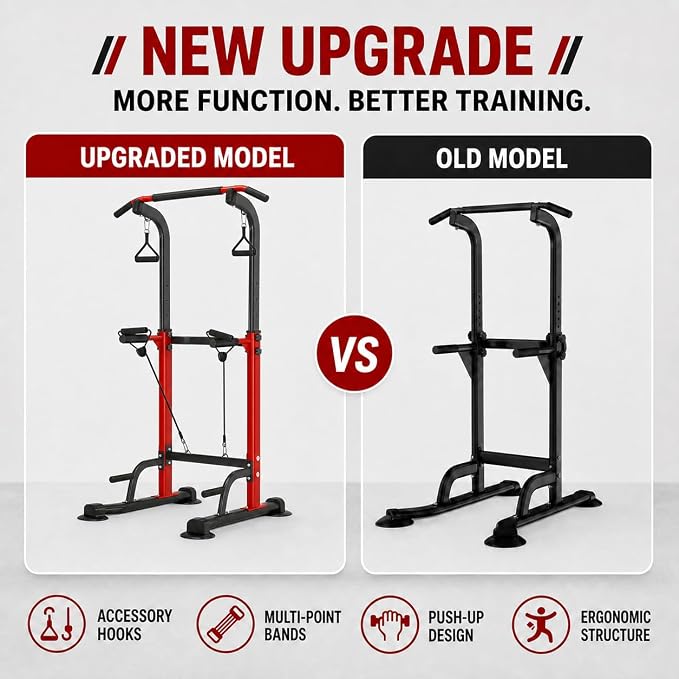 Power Tower Pull Up Dip Station Adjustable Height 330lbs Home | Space-Saving Design,Easy to Assemble,Pull-Ups,Dips,Push-Ups,Strength Training,Improving Posture,Fits Users Under 6 FT