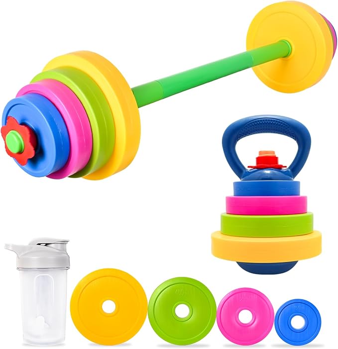 Kids Weight Set – Adjustable Barbell & Kettlebell with Water Bottle | BPA-Free Plastic, Safe for Ages 3-8, Water-Fillable for Adjustable Weight, Boosts Coordination & Confidence