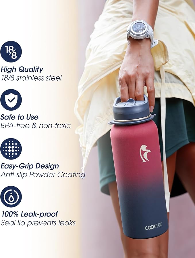 Coolflask 40 oz Water Bottle Insulated Stainless Steel with Strap | Metal Water Flask with Straw & Spout Lids, Triple-Wall, Cold 48+h, Dishwasher Safe, Leakproof, BPA-Free, for Gym & Hiking