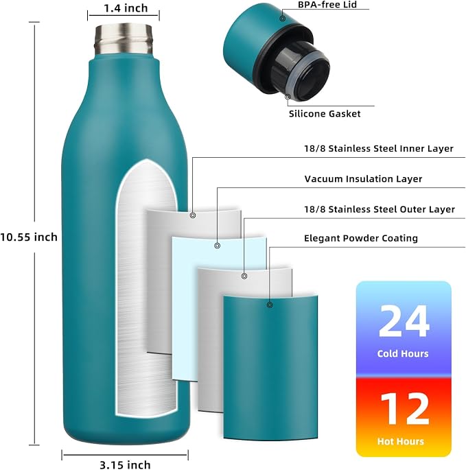 BJPKPK 25oz Insulated Water Bottle, Stainless Steel Bottle with Carry Strap | Keep Cold & Hot Vacuum Insulation, Leak-Proof BPA-Free Design, Slim Bottle Fits Most Cup Holders for Gym, Office & Travel